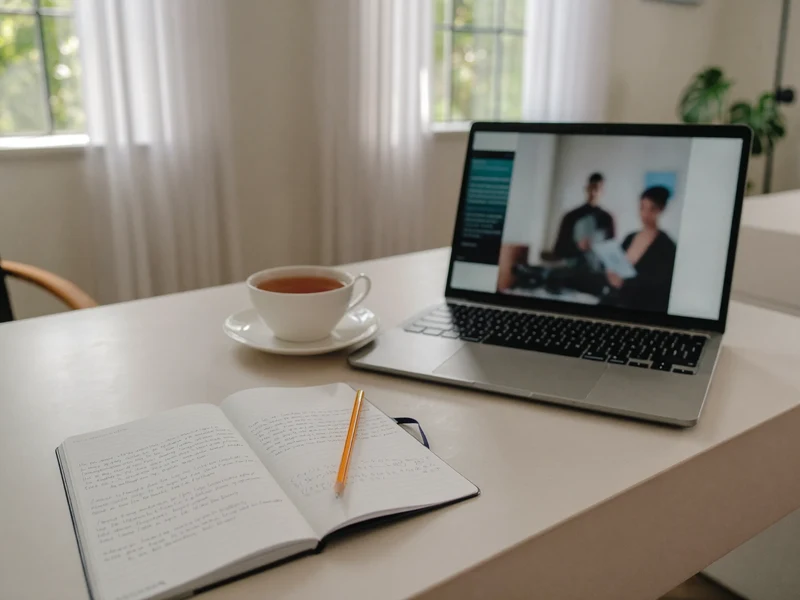 Birou de studiu luminos cu laptop, caiet cu ecuații și o ceașcă de ceai